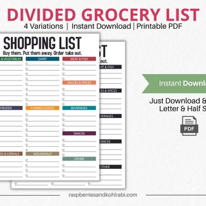 Divided Grocery List Printable - Shopping List Printable with Checkboxes - Digital Download Grocery List Template PDF - Instant Download