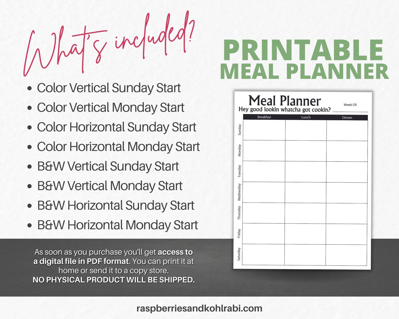 Weekly Meal Planner Printable - Weekly Menu List With Date- Digital ...