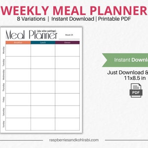Weekly Meal Planner Printable - Weekly Menu List with Date- Digital Download PDF Template - Instant Download