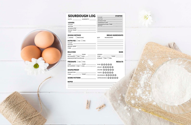 May include: A printable sourdough bread log with sections for recording the date, humidity, leaven, mixing method, bulk rise, preshape, shape/proof, bake, and results. The log is printed on white paper with black text.