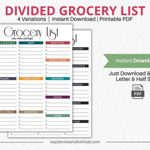 Druckbare geteilte Einkaufsliste - Digitaler Download Lebensmittelplaner - Sofortiger Download PDF - Letter und Half-Letter Größen