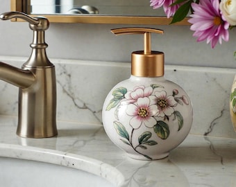 Seifenspender aus Keramik mit Blumenmuster - Elegantes Badezimmerdekor, weiße & goldene Pumpe, nachfüllbare 260ml-Flasche