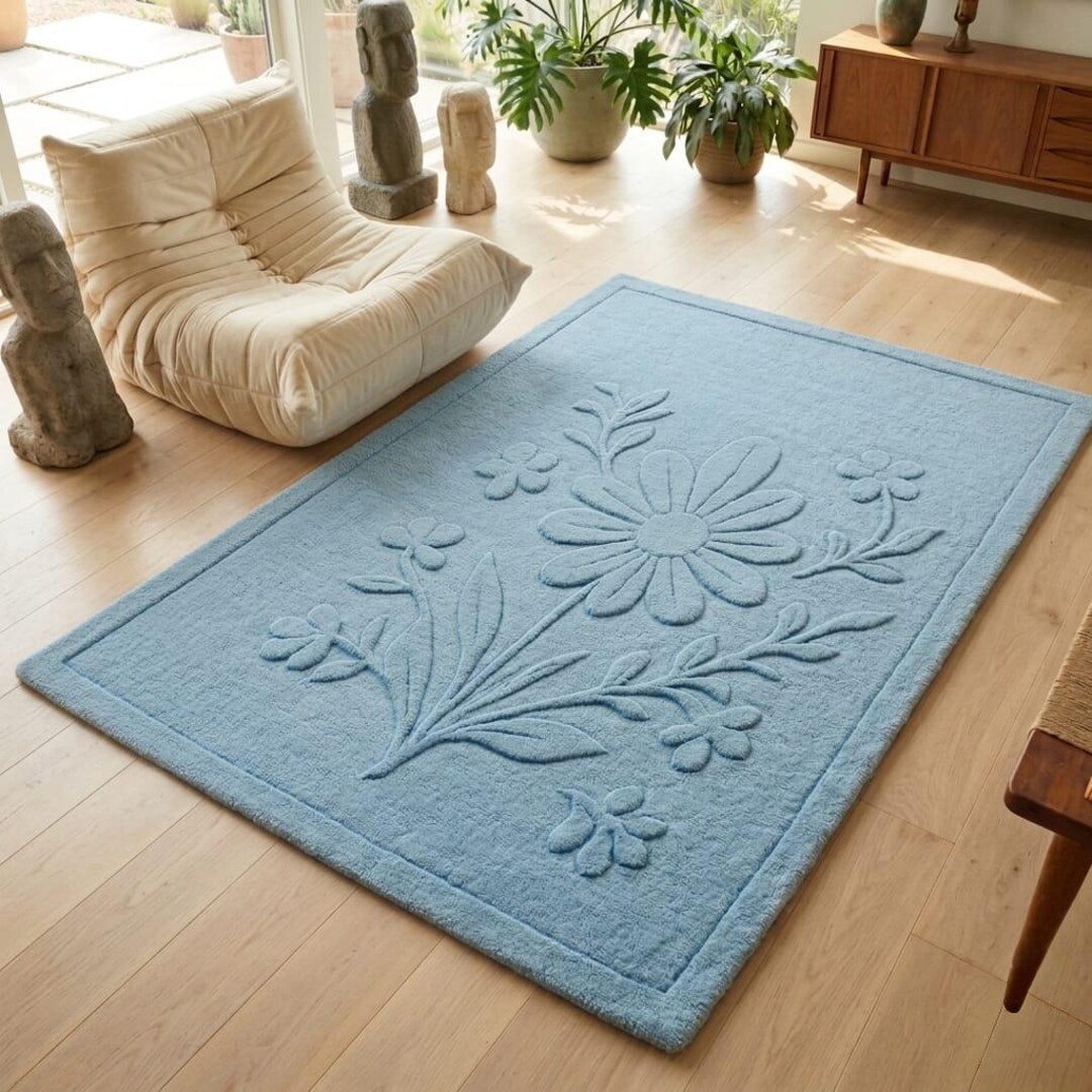 Sky Blue Floral Wool Rug, Hand Tufted Botanical Area Rug, Minimalist ...