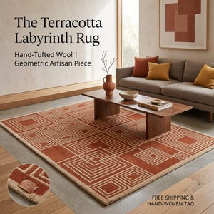 May include: A terracotta-colored, hand-tufted wool rug with a geometric labyrinth design. The rug features a repeating pattern of squares and lines in a lighter beige color, creating a striking contrast. The rug is a geometric artisan piece.