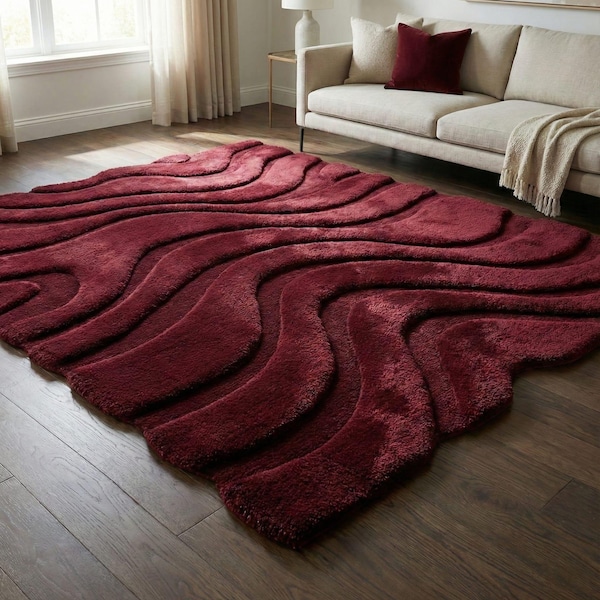Burgundy Hand Tufted Wool Rug – deep burgundy Wine Color Cut Pile Area Carpet
