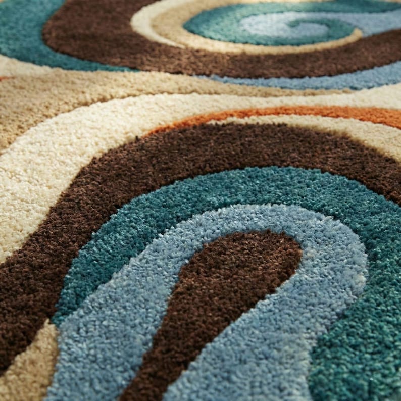 Mid Century Modern Shag Rug, Retro 70s Style Wavy Abstract Area Rug ...