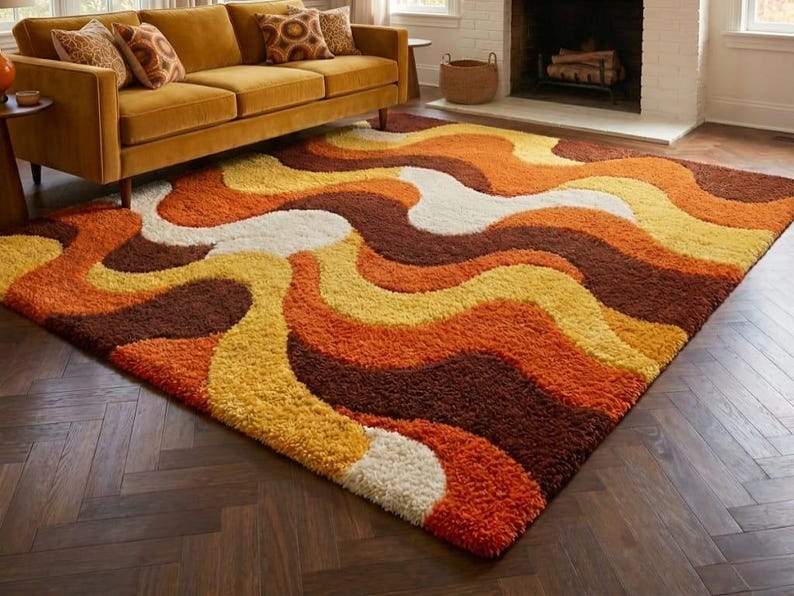 Retro Mid Century Shag Rug – 70s Geometric Orange Yellow Area Carpet ...