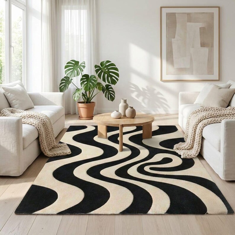 Black White Abstract Rug, Modern Wavy Area Rug, Hand Tufted Wool Rug ...