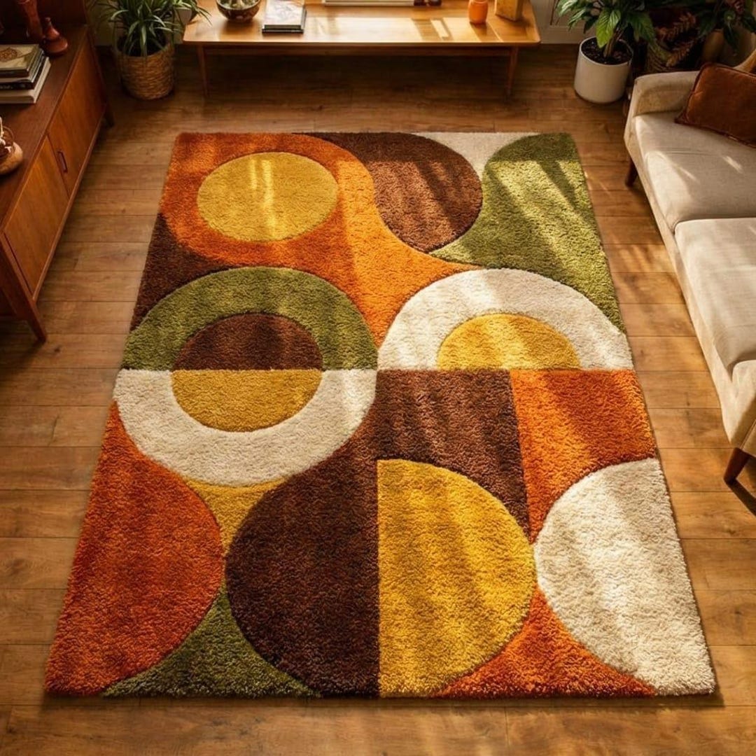 Retro Mid Century Shag Rug – 70s Geometric Mustard Orange Area Carpet ...