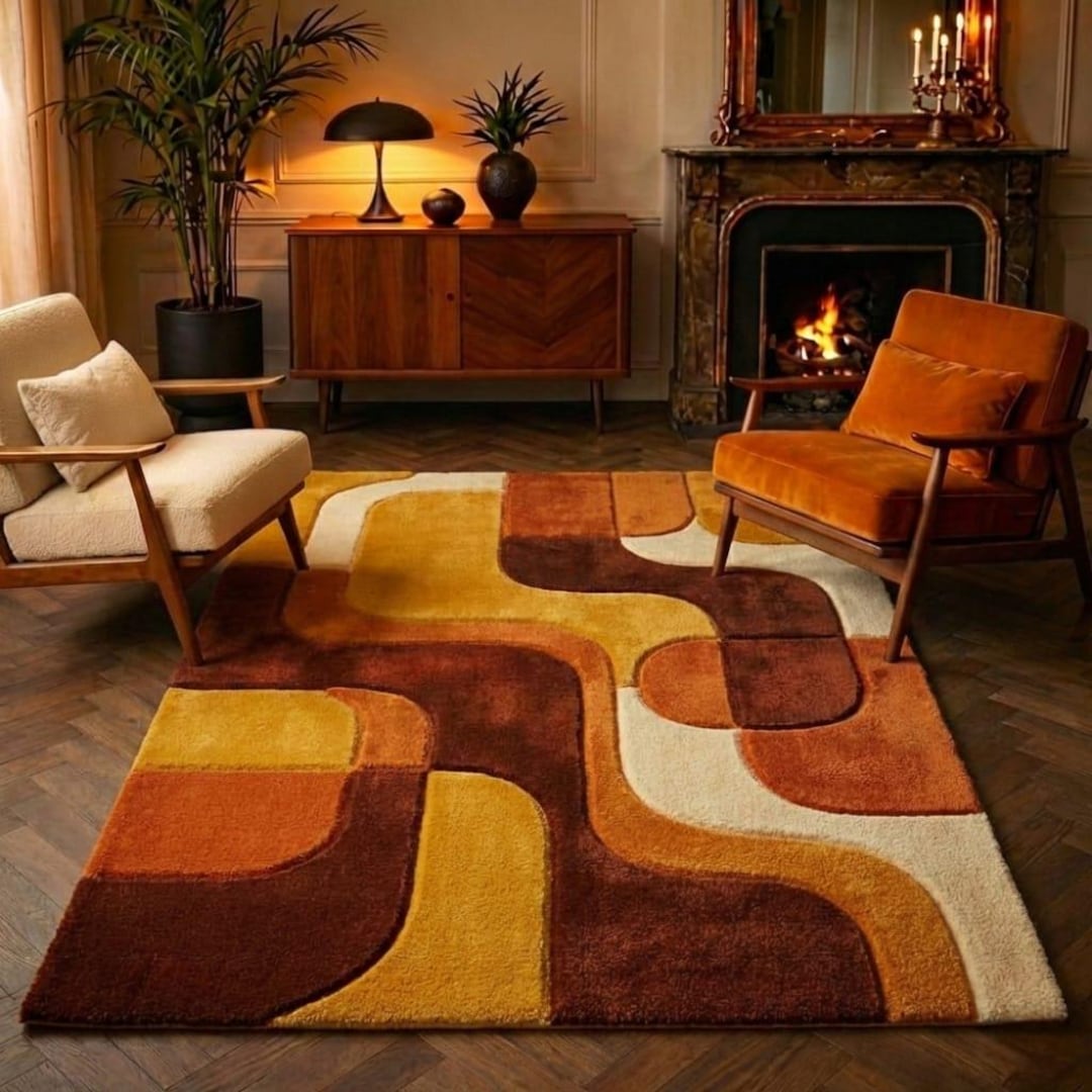 Mid Century Modern Wool Rug | Retro Geometric Area Rug | Burnt Orange ...
