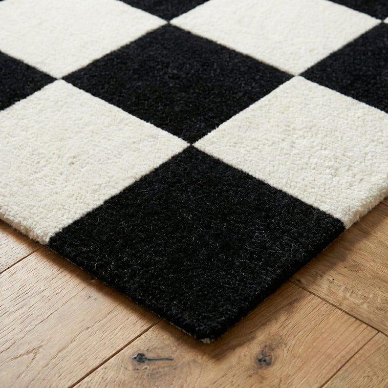 Faded Checkerboard Rug Checkered Rug, Checkerboard Area Rug, Black White Modern Hand Tufted ...