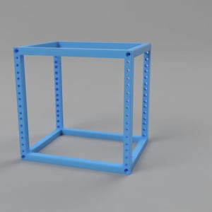 May include: A light blue, open-frame rack structure with a rectangular base and top connected by four vertical pillars. Each vertical pillar features a series of evenly spaced circular holes along its length for mounting components or hardware.