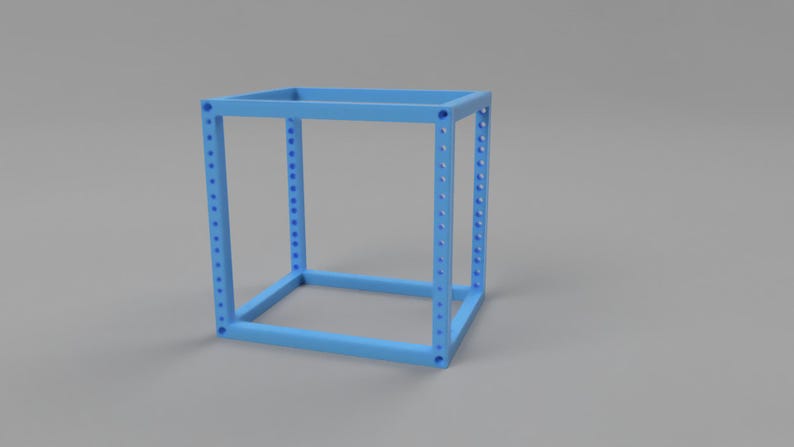 May include: A light blue, open-frame rack structure with a rectangular base and top connected by four vertical pillars. Each vertical pillar features a series of evenly spaced circular holes along its length for mounting components or hardware.