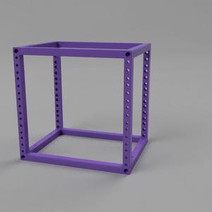 May include: A purple, open-frame cube structure featuring four vertical posts connected by square top and bottom frames. Each vertical post contains a series of evenly spaced circular holes along its length, designed for mounting or modular assembly.