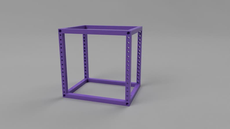 May include: A purple, open-frame cube structure featuring four vertical posts connected by square top and bottom frames. Each vertical post contains a series of evenly spaced circular holes along its length, designed for mounting or modular assembly.