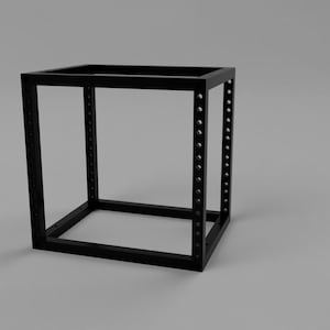 May include: A black metal server rack frame with a rectangular open structure. The four vertical corner posts feature a series of evenly spaced circular mounting holes along their entire length, designed for securing equipment within the frame.