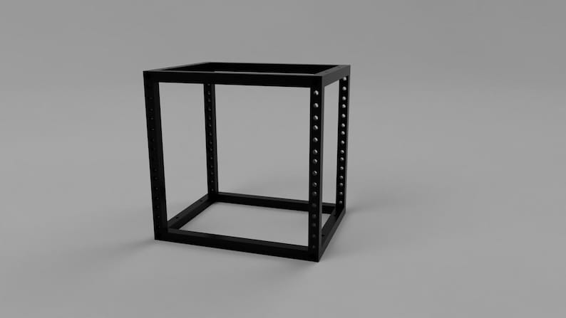May include: A black metal server rack frame with a rectangular open structure. The four vertical corner posts feature a series of evenly spaced circular mounting holes along their entire length, designed for securing equipment within the frame.