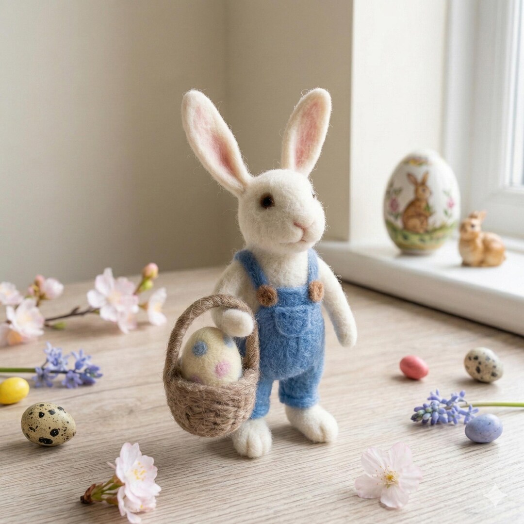 Needle Felted Easter Bunny With Egg Basket, Handmade Wool Bunny Spring ...