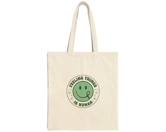 Feeling Things Is Human Tote, Mental Health Awareness, Green Ribbon Smiley Design