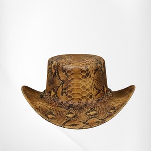 Könnte beinhalten: Ein Cowboyhut mit einem braun-beigen Schlangenledermuster auf der Krone und der Krempe. Der Hut verfügt über ein geflochtenes Band um die Basis der Krone, das an den Seiten der Krempe und der Krone mit kleinen runden Metallnieten verziert ist.
