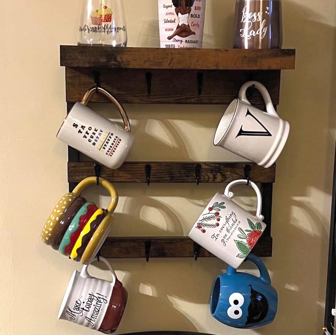 Round Mug Wall Rack Wall Mounted Coffee Mug Rack With 12 Hooks & Rustic Wood Shelf for ...
