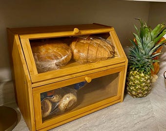 Panera de bambú de doble capa, gran contenedor de almacenamiento para encimera de cocina.