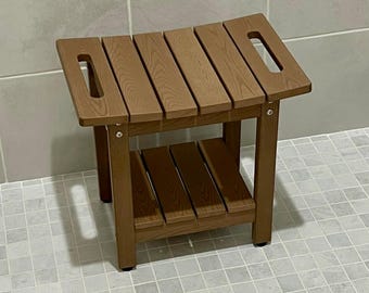 Banco de ducha impermeable con estante de almacenamiento y asiento para baño tipo spa.