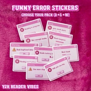 Aangepaste foutmeldingstickers | Y2K Bookish Kindle-stickers | Kies je pakket: 3, 5 of 10 | Roze Reader-esthetiek