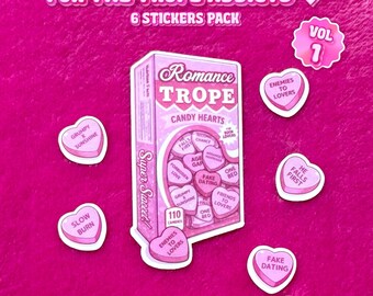 Romance Tropes Stickers Pack | Candy Heart Stickers | Kindle Stickers | BookTok Aesthetic | Romance Reader Gift | Cute Stickers | Set of 6