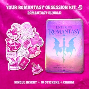 May include: A 'Romantasy Obsession Kit' with a book titled 'Entering Romantasy' and several stickers. The book cover features a sword with dragon wings. Stickers include phrases like 'Cursed Love' and 'Magic Love'. The kit includes a Kindle insert, 10 stickers, and a charm.