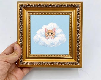 Impasto Ginger Kitten Floating Cloud Oil Painting, Framed Soft Sky Pet Wall Art, Mini Dreamy Tabby Decor, Gift for Cat Lovers