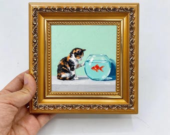 Impasto Curious Calico Cat & Goldfish Bowl Oil Painting, Framed Mint Green Wall Art, Mini Cottage Pet Decor, Gift for Cat Lovers