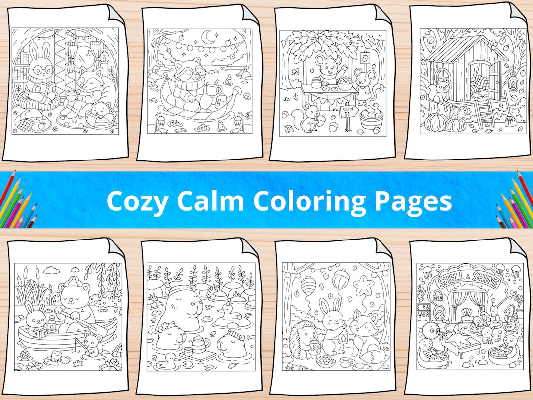 Cozy Calm Coloring Pages for Kids, Printable PDF, Stress Relief Art ...