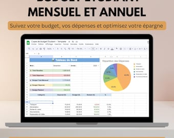 Puede incluir: Una pantalla de portátil muestra una hoja de cálculo de Google Sheets titulada "Budget Étudiant Mensuel et Annuel". La hoja de cálculo incluye un panel de control, un gráfico circular de desglose de gastos y detalles del presupuesto. El texto en la parte inferior dice "Google Sheets et Excel | 5 onglets | téléchargement instantané."