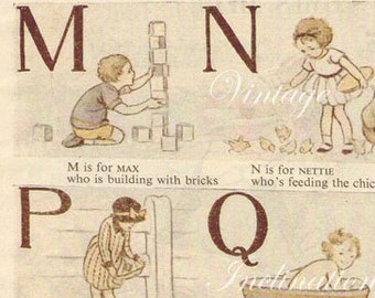 1930 Delightful Nursery ALPHABET Book Plate ABC chart