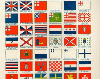 17th 18th Century FLAGS PRINT 1950s 6979 illustrations lithograph paper print