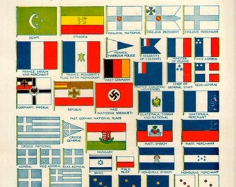 WORLD FLAGS PRINT 1950s 6973 illustrations lithograph paper print ephemeral upcycle recycle ephemera old mid century