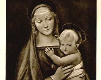 Antique Photogravure Print, The Madonna Del Granduca, 1930 of 1505 painting, Mary Jesus saviour