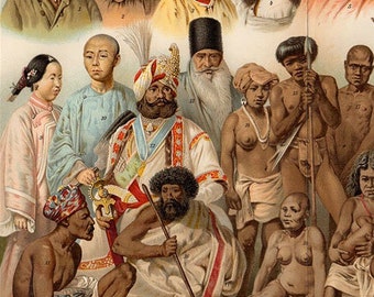 ASIATIC RACES, 1908 grabado, litografía, arte mural aborigen vintage cultura indígena ilustración grabado antiguo