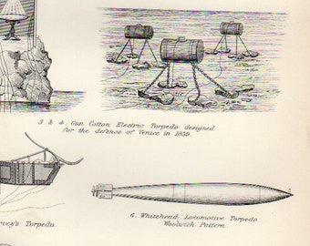 1890 TORPEDOS und TORPEDO Boote Ozean Druck Meer antike Gravur Exlibris 125 Jahre alten 1800er Jahren militärische u-Boote graviert Druck