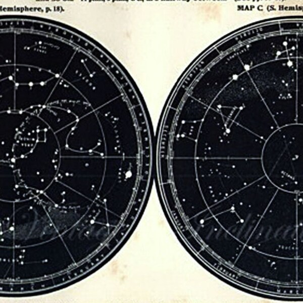 Antique STAR MAP The Constellations Round The Poles vintage star map Astronomy star chart dark blue stars chart