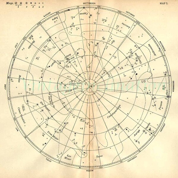1897 Vintage Star Chart Beautiful Celestial Map, Constellations Planets Zodiac