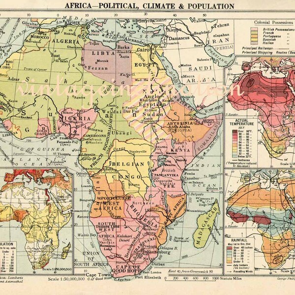 Africa Vintage 1948 ORIGINAL Political Map, vintage mid century map of Africa colour map