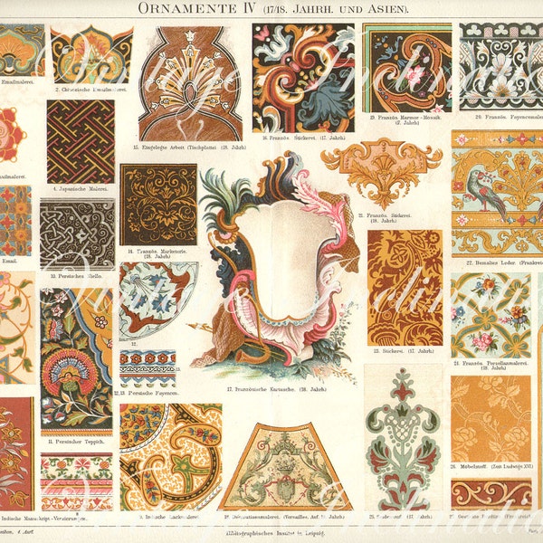 Antique Vintage 1894 French Asian LARGE Design Chromolithograph, Ornamental Fabrics 1600s 1700s art German color lithograph
