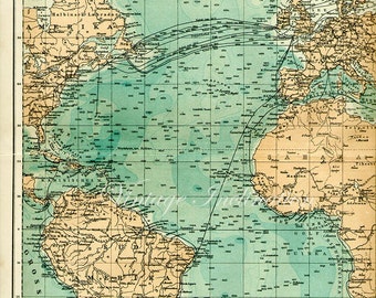 Antique 1898 Atlantic Ocean German Aqua Map
