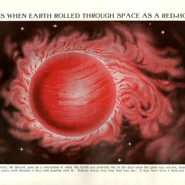 Astronomy Art Print 1930 antique, When Earth Rolled Through Space As A Red Hot Globe, space stars, universe, illustration, astronomical