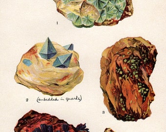 Vintage Antique Print 1911 MINERALS Crystals Prisms Gems Chart 24 precious minerals gem stones illustrations