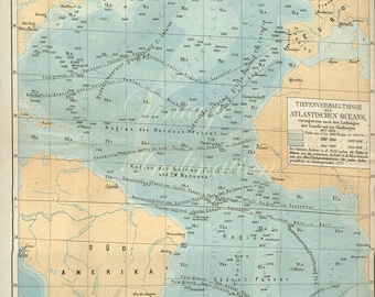 Antique 1876 Atlantic Ocean German pale blue Map