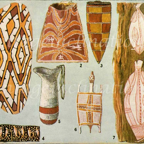Antique Print, Australian Aboriginal Art, 1950, beautiful wall art vintage illustration