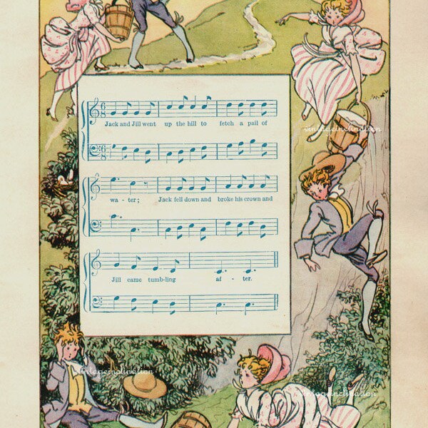 Vintage 1930 Delightful Nursery Rhyme Book Plate Jack And Jill Wend Up The Hill ORIGINAL childrens book plate